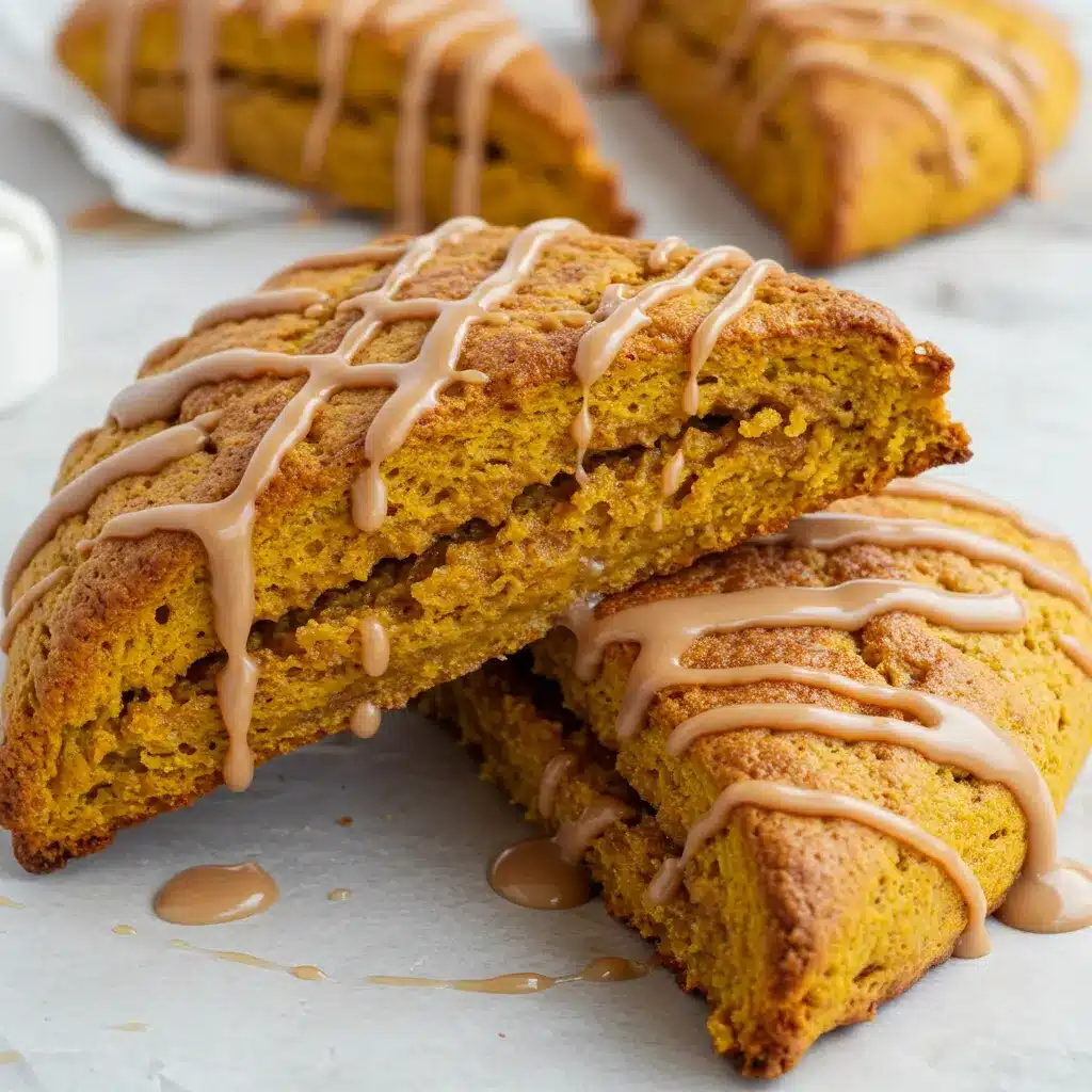 Golden-brown pumpkin spice scones drizzled with maple glaze, stacked on parchment paper.