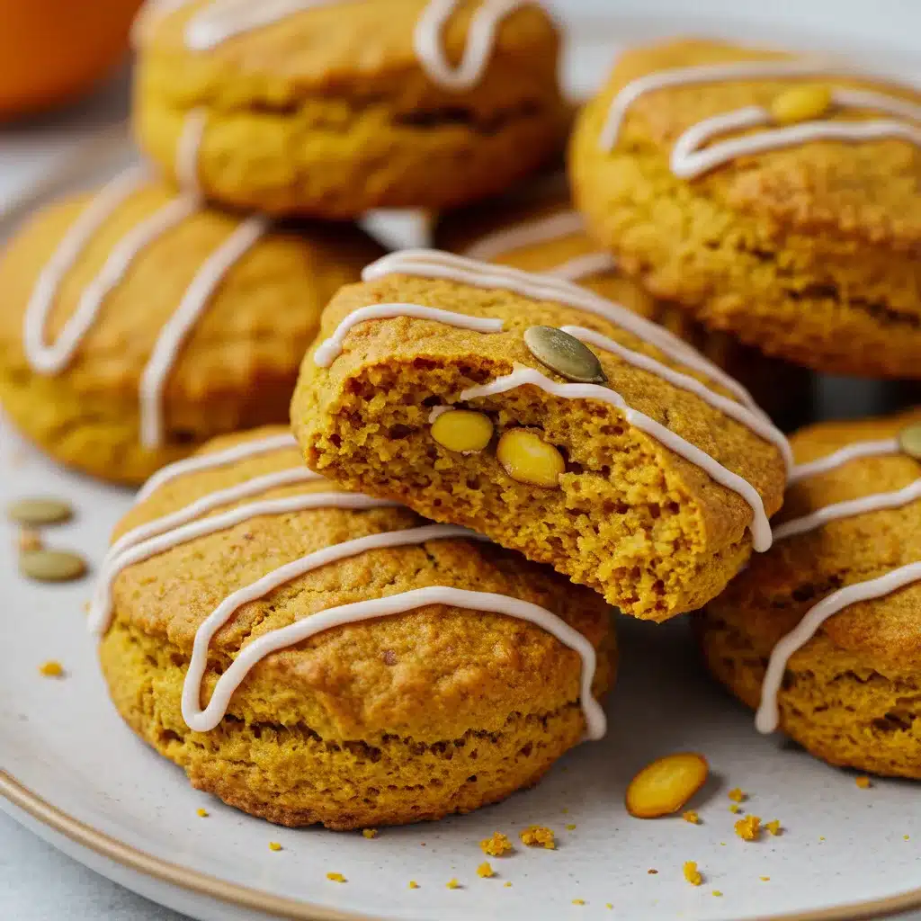 Freshly baked pumpkin scones drizzled with white icing and topped with roasted pepitas on a ceramic plate.