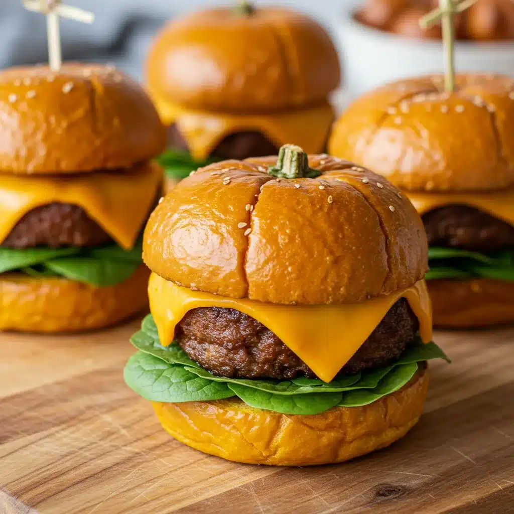 Festive cheeseburgers with pumpkin-shaped buns, cheddar cheese, spinach, and juicy patties on a wooden board.