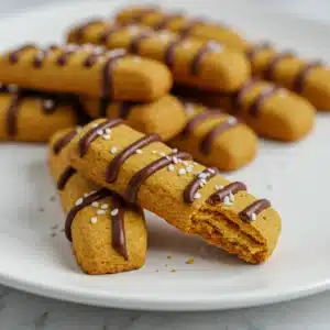 Golden pumpkin spice cookies topped with chocolate drizzle and sprinkled with sugar crystals, served on a white plate.