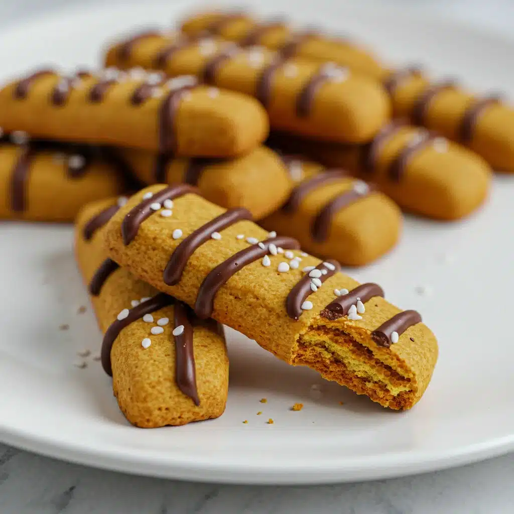 Golden pumpkin spice cookies topped with chocolate drizzle and sprinkled with sugar crystals, served on a white plate.