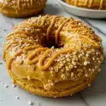 Close-up of a pumpkin spice donut topped with caramel drizzle and crunchy sugar crystals on a marble surface.