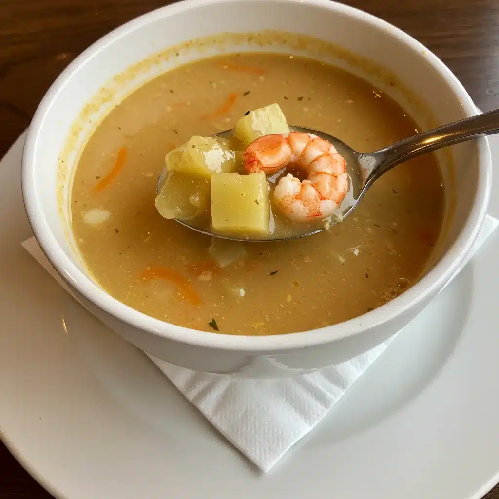 A bowl of creamy shrimp and potato soup with a spoonful of diced potatoes, shrimp, and vegetables.