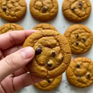 Hand holding a soft pumpkin chocolate chip cookie with more cookies arranged on a light surface in the background.