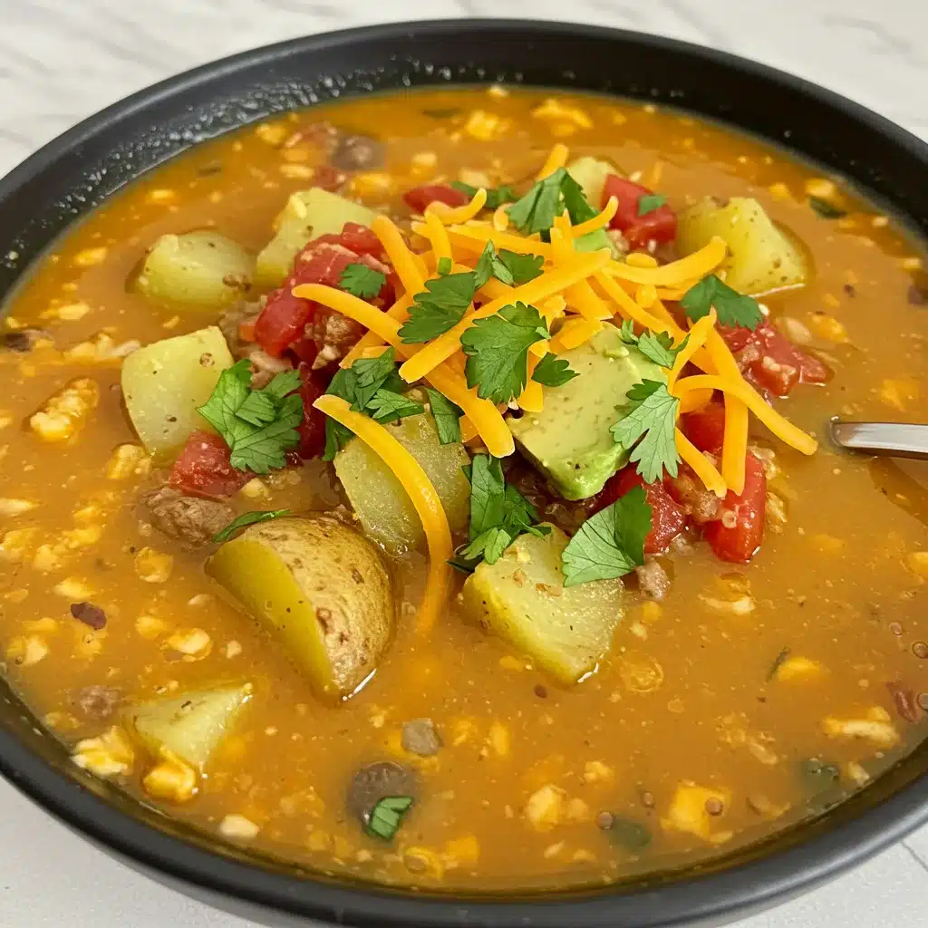 Bowl of spicy potato soup topped with avocado slices, diced tomato, shredded cheddar cheese, and fresh cilantro.loaded potato soup