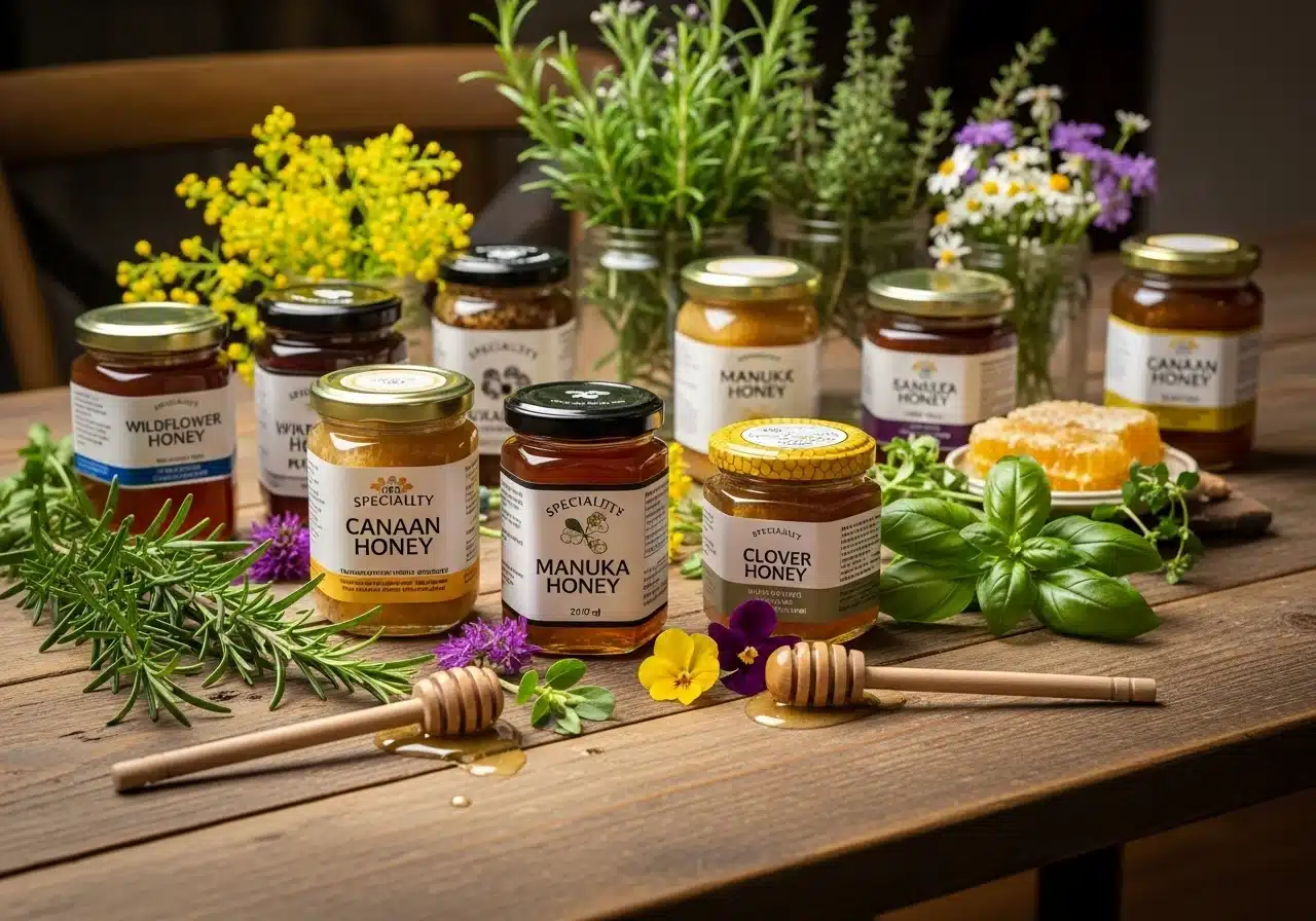 Jars of Canaan and Manuka honey with fresh herbs