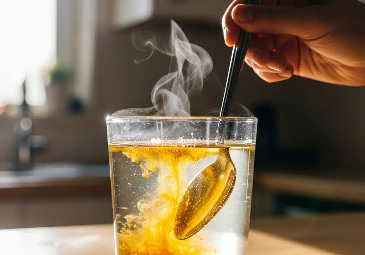 Mixing raw honey into warm water for sacred honey trick