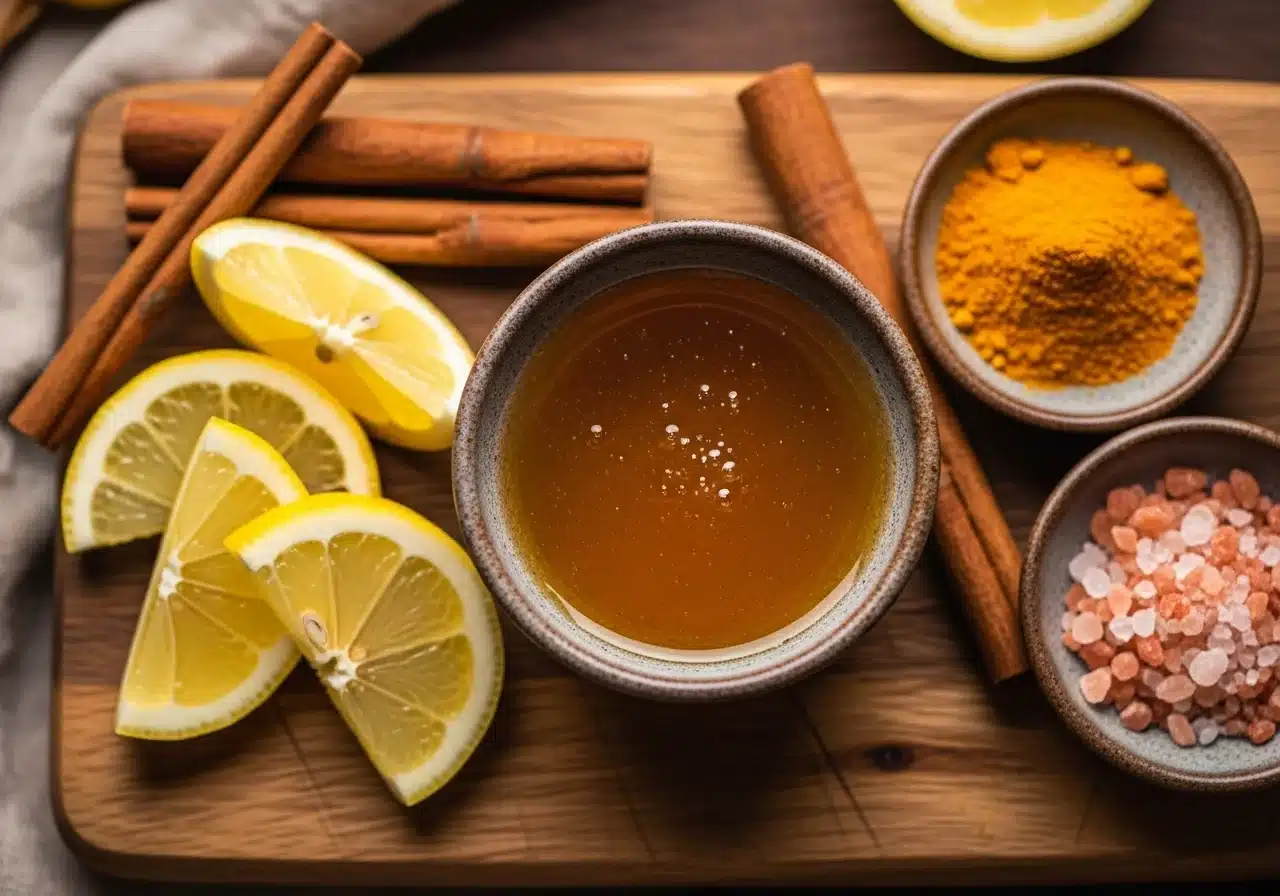Ingredients for sacred honey trick with honey, lemon, cinnamon, turmeric, pink salt