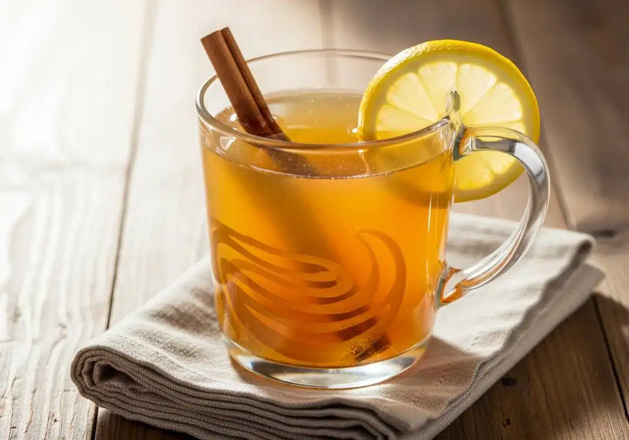 Served sacred honey trick drink with lemon and cinnamon garnishes