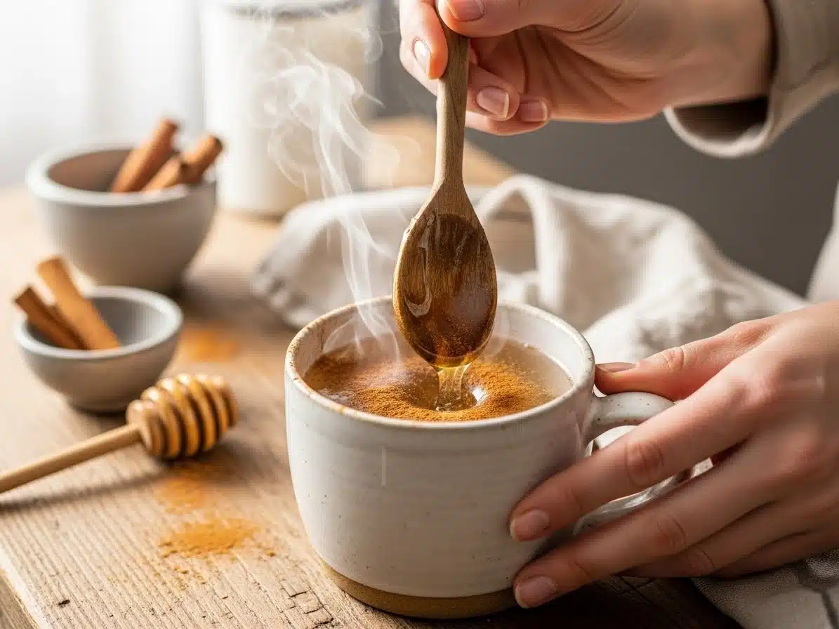 hands stirring raw honey and cinnamon into a warm drink for focus