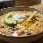 A steaming bowl of creamy chicken enchilada soup topped with melted cheese, avocado slices, tortilla strips, and fresh cilantro — a hearty, homemade Mexican-inspired soup perfect for cozy family dinners.