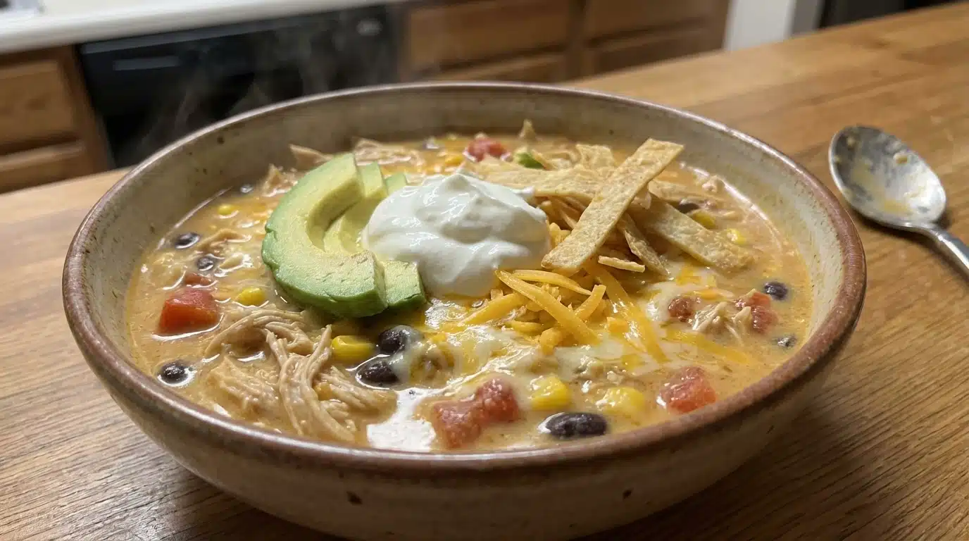 A steaming bowl of creamy chicken enchilada soup topped with melted cheese, avocado slices, tortilla strips, and fresh cilantro — a hearty, homemade Mexican-inspired soup perfect for cozy family dinners.