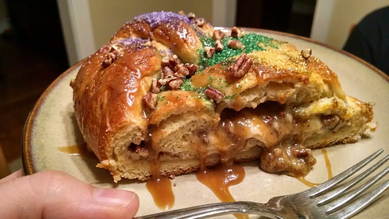 King Cake with Pecan Praline Cream Cheese Filling