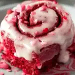 Red Velvet Valentine's Day cinnamon rolls drizzled with cream cheese frosting