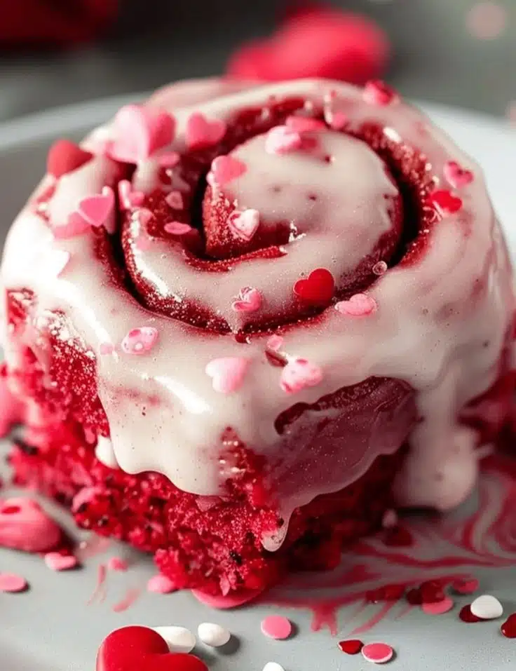 Red Velvet Valentine's Day cinnamon rolls drizzled with cream cheese frosting