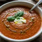 Bowl of creamy roasted tomato soup topped with fresh basil and a drizzle of olive oil, served with rustic bread on the side — a rich, zesty, and healthy tomato soup inspired by Gordon Ramsay, perfect for cozy fall dinners.