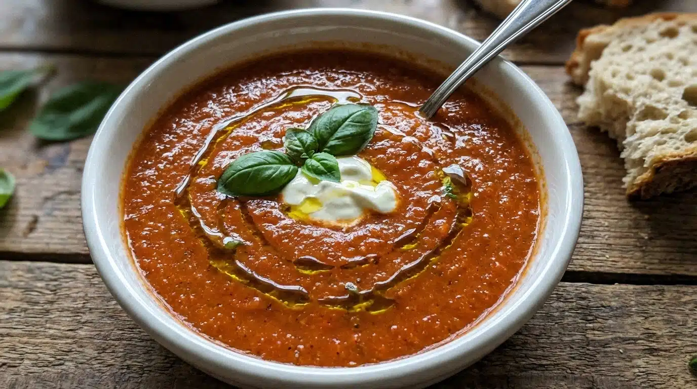 Bowl of creamy roasted tomato soup topped with fresh basil and a drizzle of olive oil, served with rustic bread on the side — a rich, zesty, and healthy tomato soup inspired by Gordon Ramsay, perfect for cozy fall dinners.