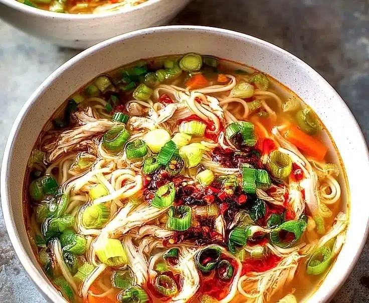 Bowl of Classic Ginger Garlic Chicken Noodle Soup with fresh ingredients.