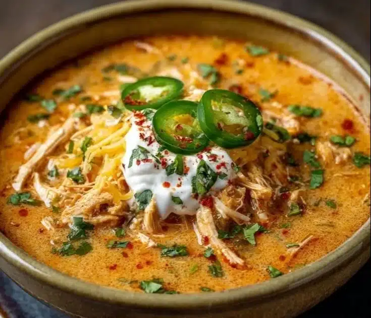 Bowl of creamy chicken enchilada soup topped with cheese and cilantro