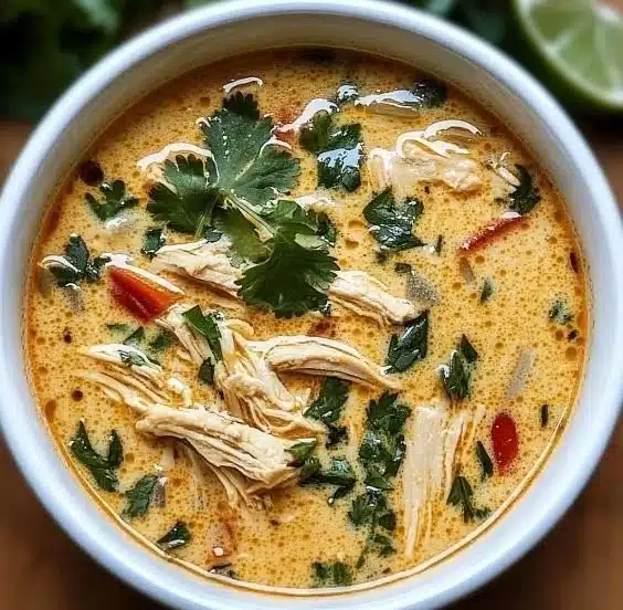 Bowl of Crockpot Thai Coconut Chicken Soup with fresh herbs and spices