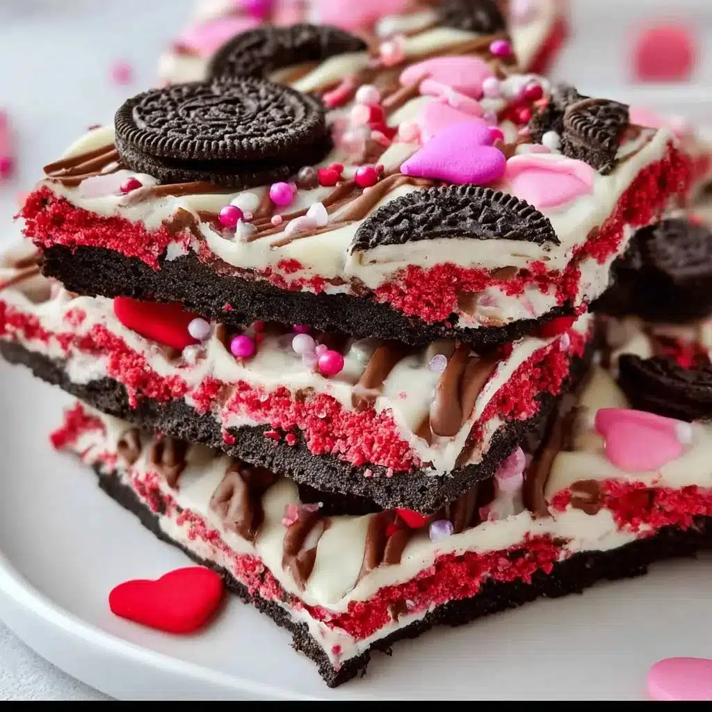 Delicious Valentine's Oreo Bark decorated with red and pink sprinkles.