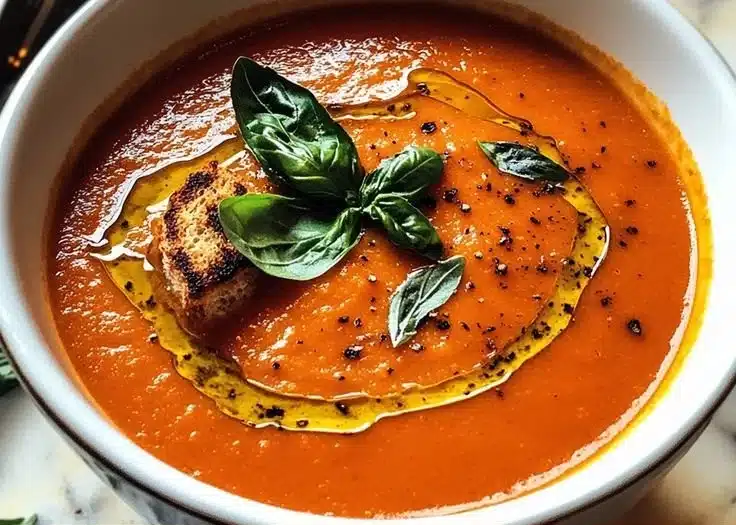 Bowl of Gordon Ramsay-inspired roasted tomato soup with fresh basil garnish