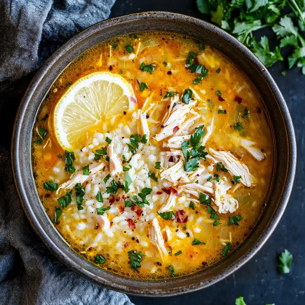 Bowl of Lemon Ginger Turmeric Chicken Rice Soup with fresh ingredients.