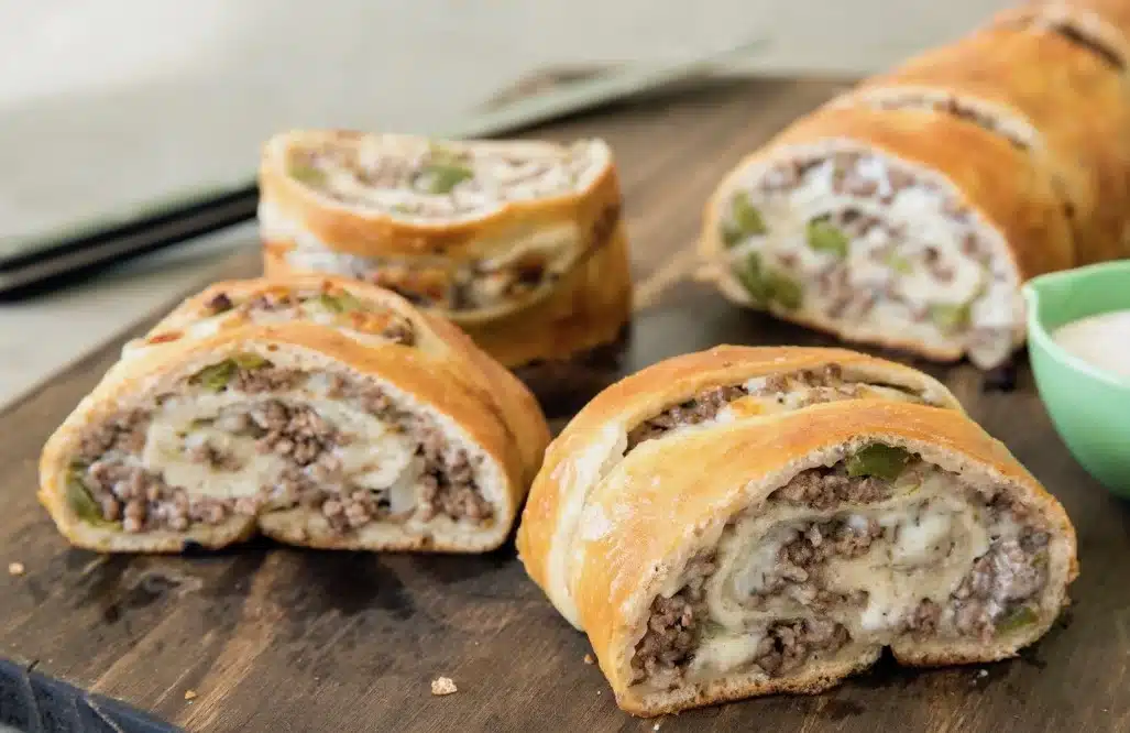 Philly Cheesesteak Stromboli with melted cheese and juicy steak