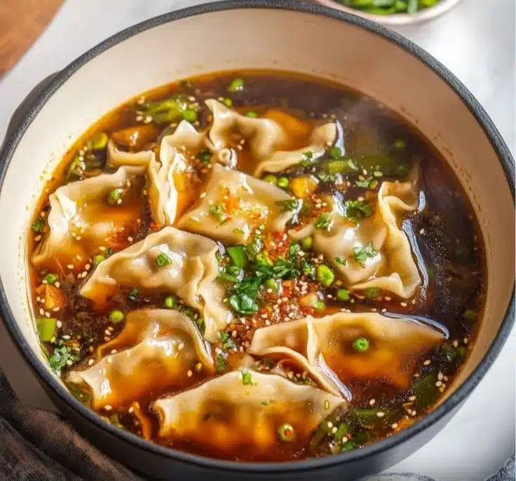 A delicious bowl of homemade Potsticker Soup with dumplings and veggies
