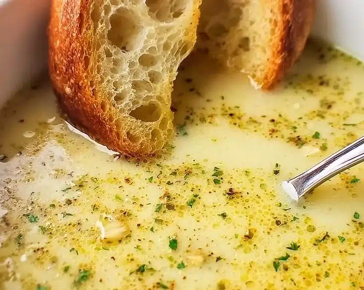 Bowl of rustic country French style garlic soup with fresh herbs