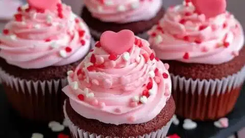 Valentine's Day cupcakes decorated with love-themed frosting and sprinkles