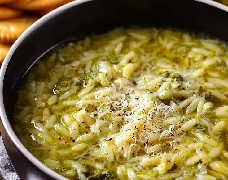 A steaming bowl of warming Italian broccoli soup topped with fresh herbs.