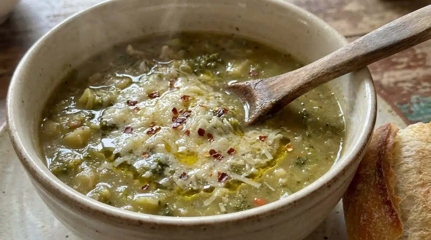 A steaming bowl of warming Italian broccoli soup topped with fresh herbs.