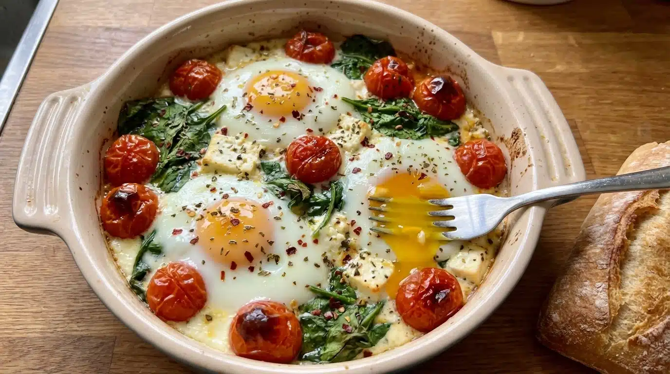 Baked Feta Eggs with Tomatoes and Spinach