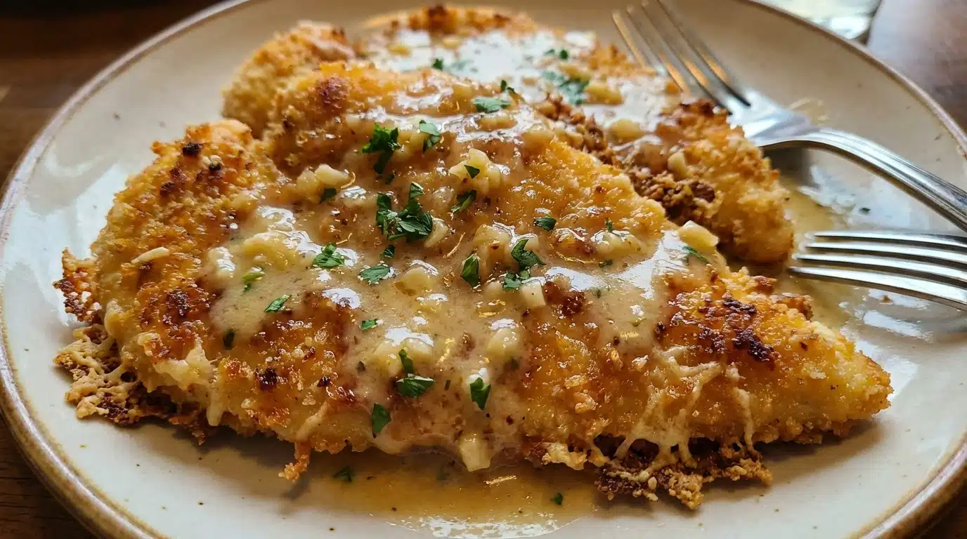 Crispy Parmesan Chicken with a Rich Garlic Sauce