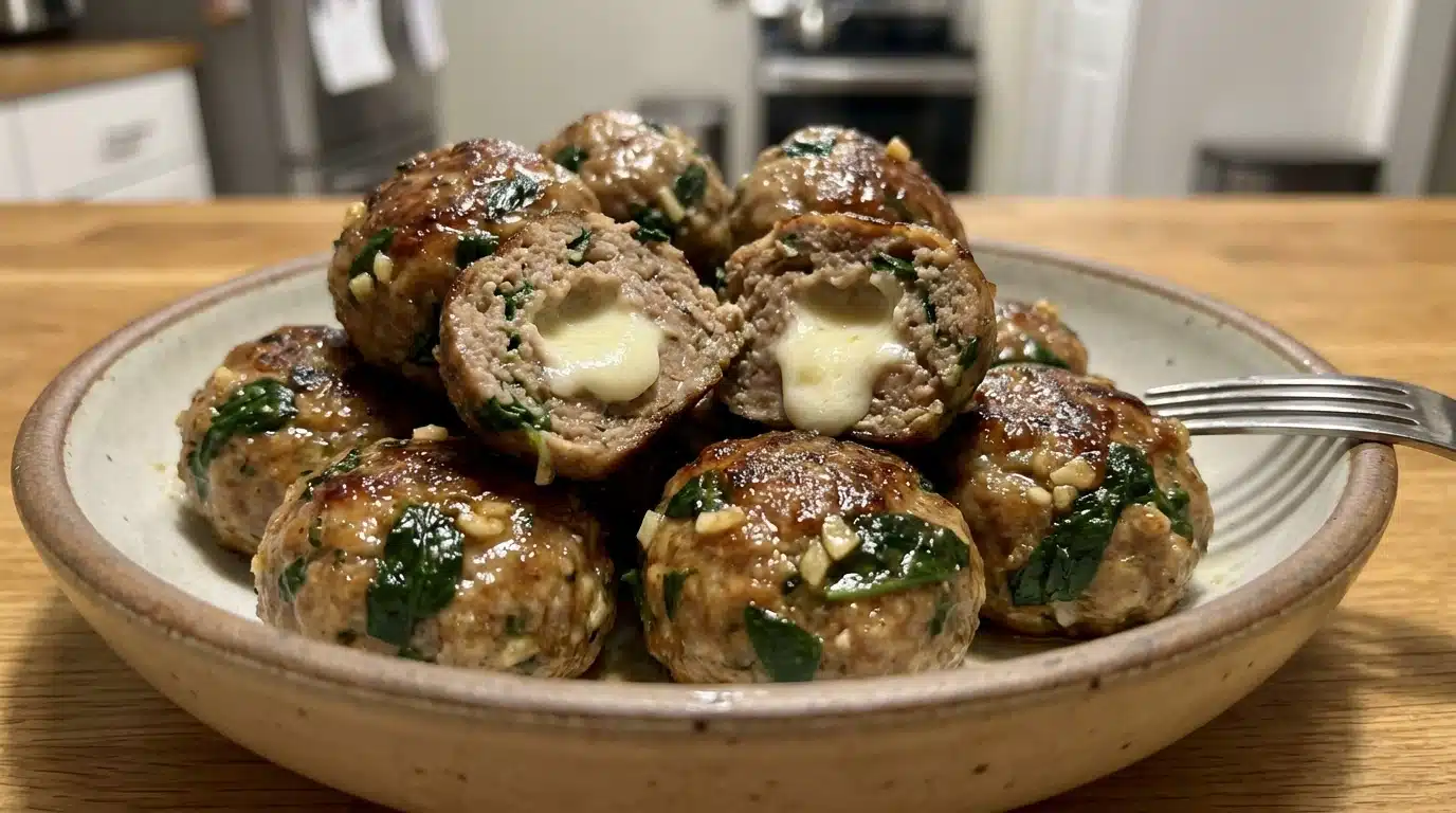 Spinach Garlic Meatballs Stuffed With Mozzarella