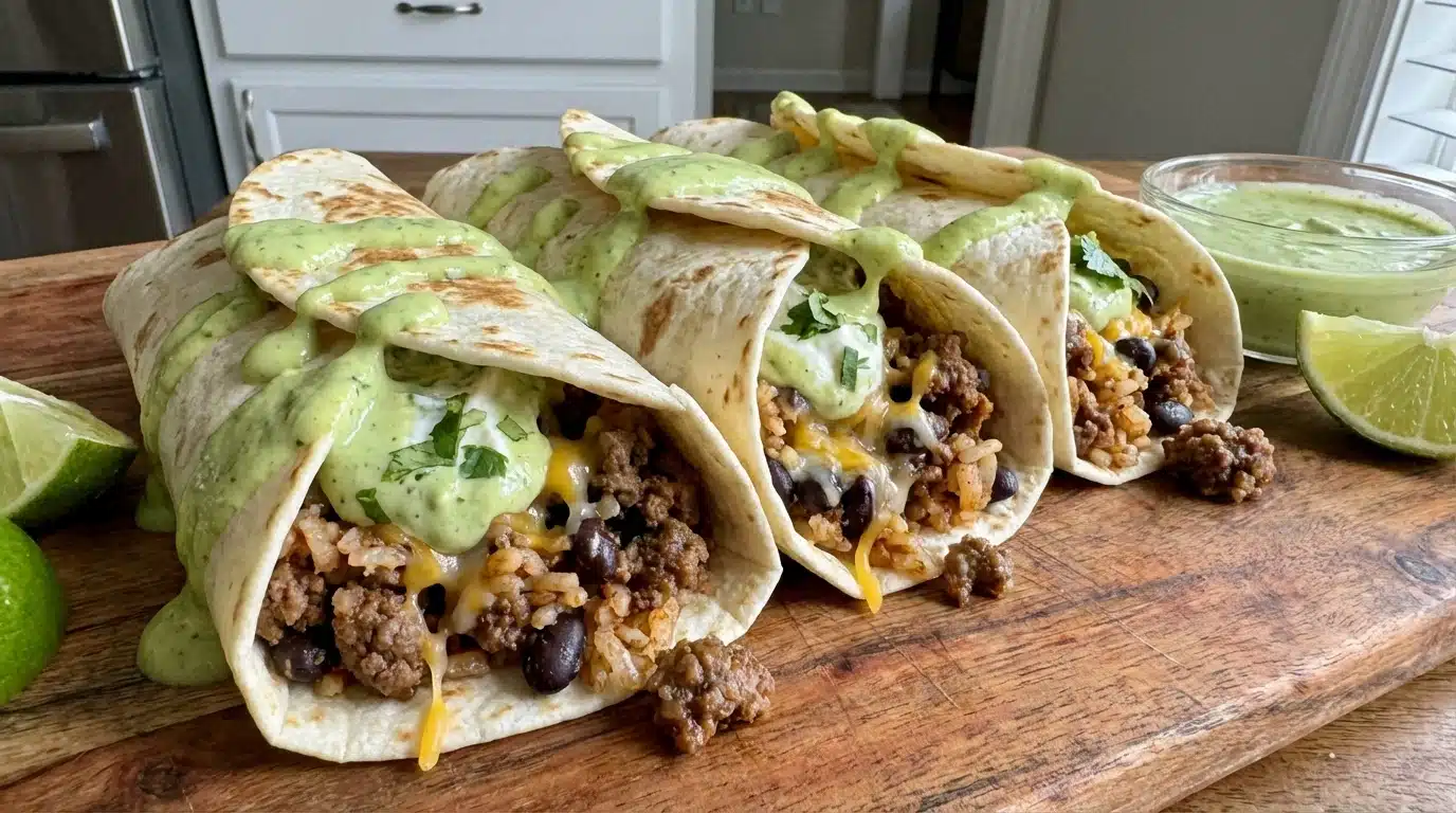 Beef Burritos with Avocado Sauce