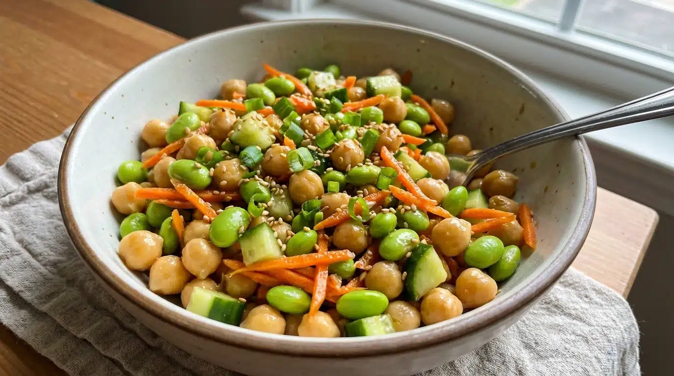 Chickpea Edamame Salad with Ginger Sesame Vinaigrette