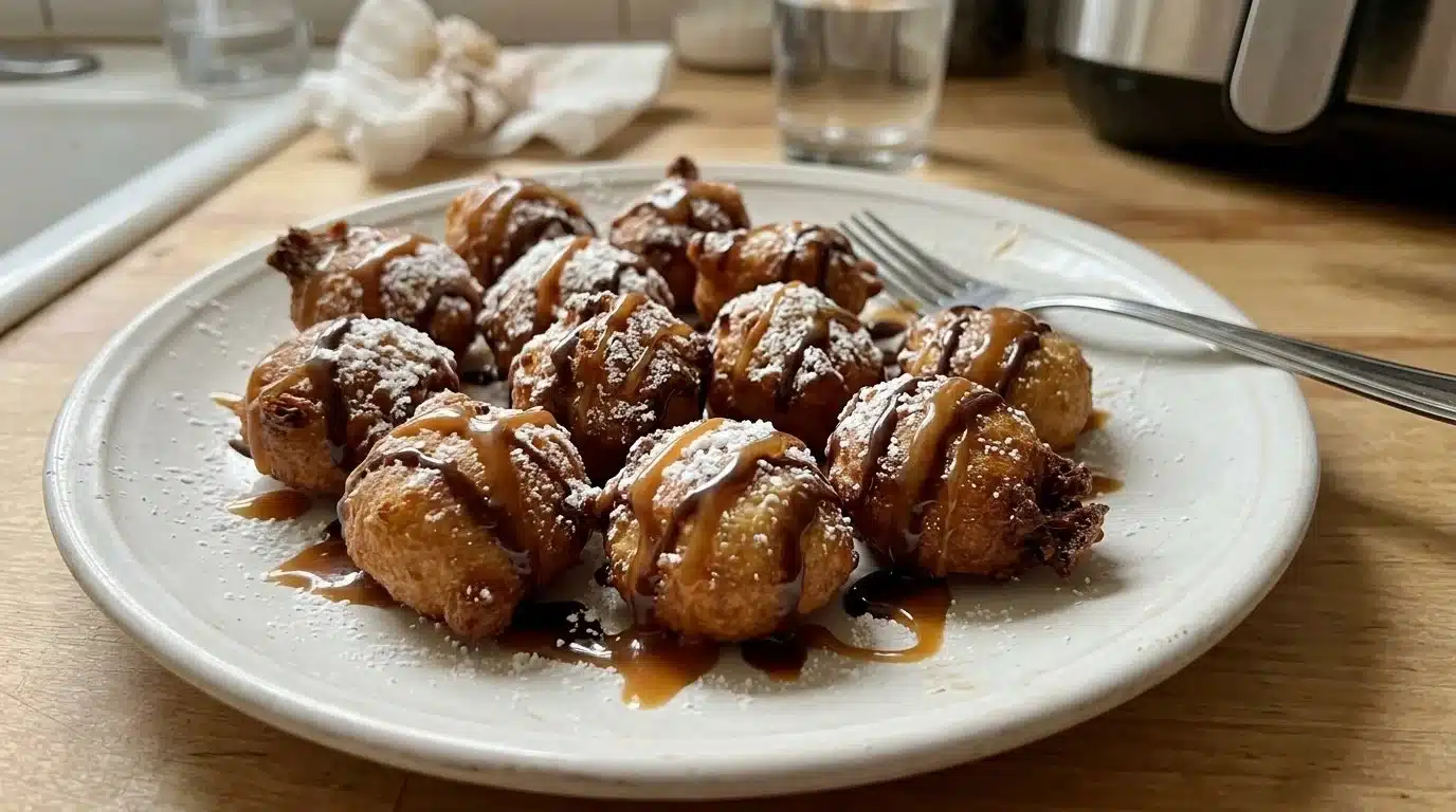Crispy air fryer funnel cake bites sprinkled with powdered sugar