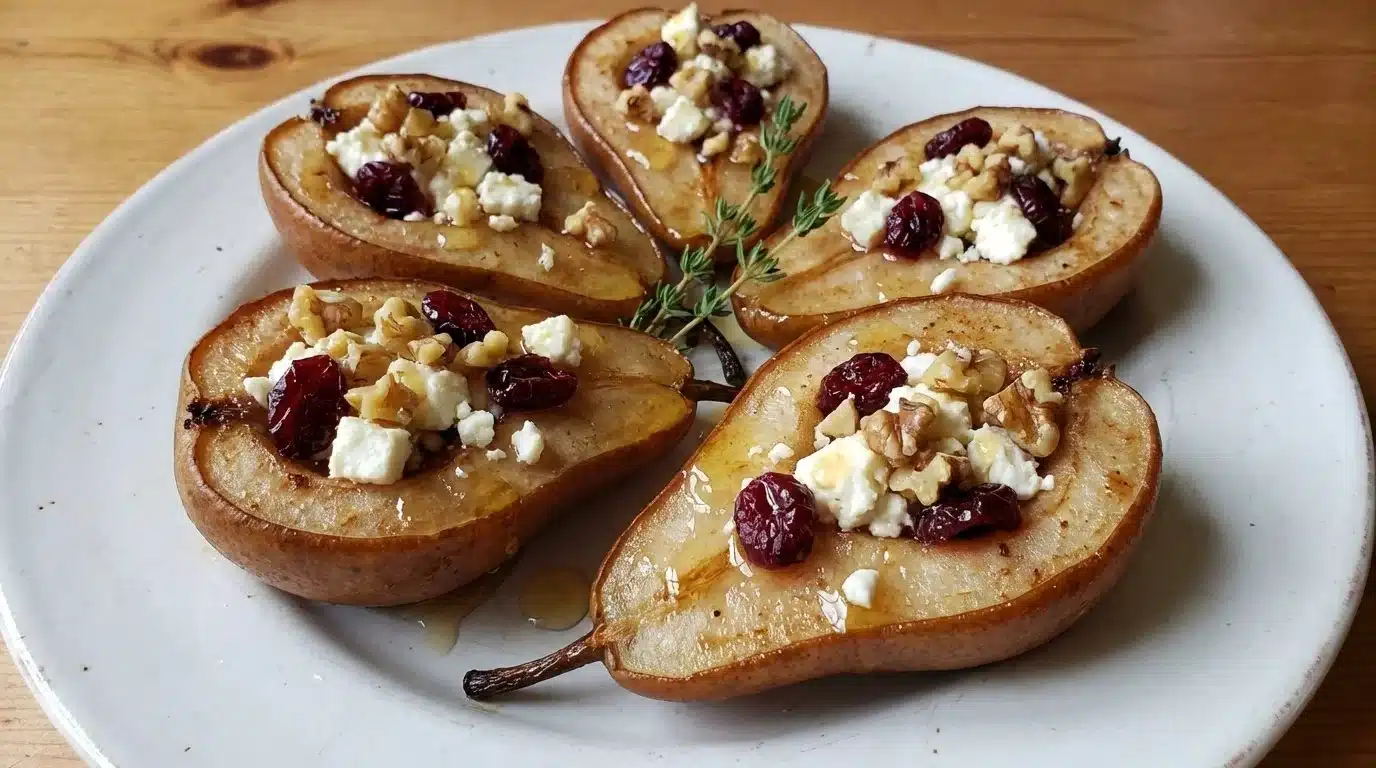 Baked pears topped with feta, honey, and cranberries on a plate