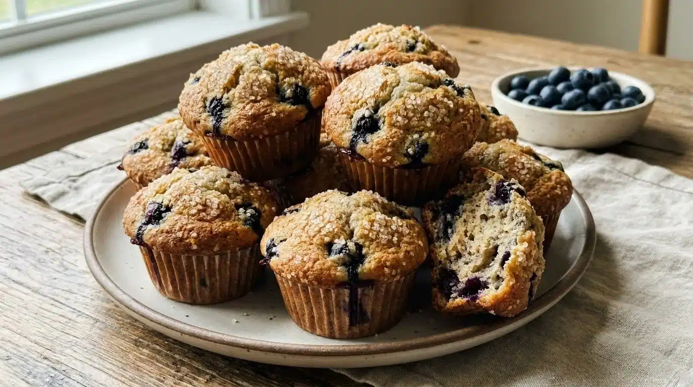 Fluffy blueberry muffins made with Greek yogurt and lemon zest