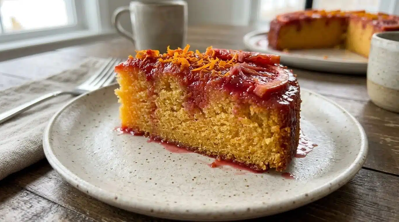 Bright and zesty blood orange cake topped with citrus slices.