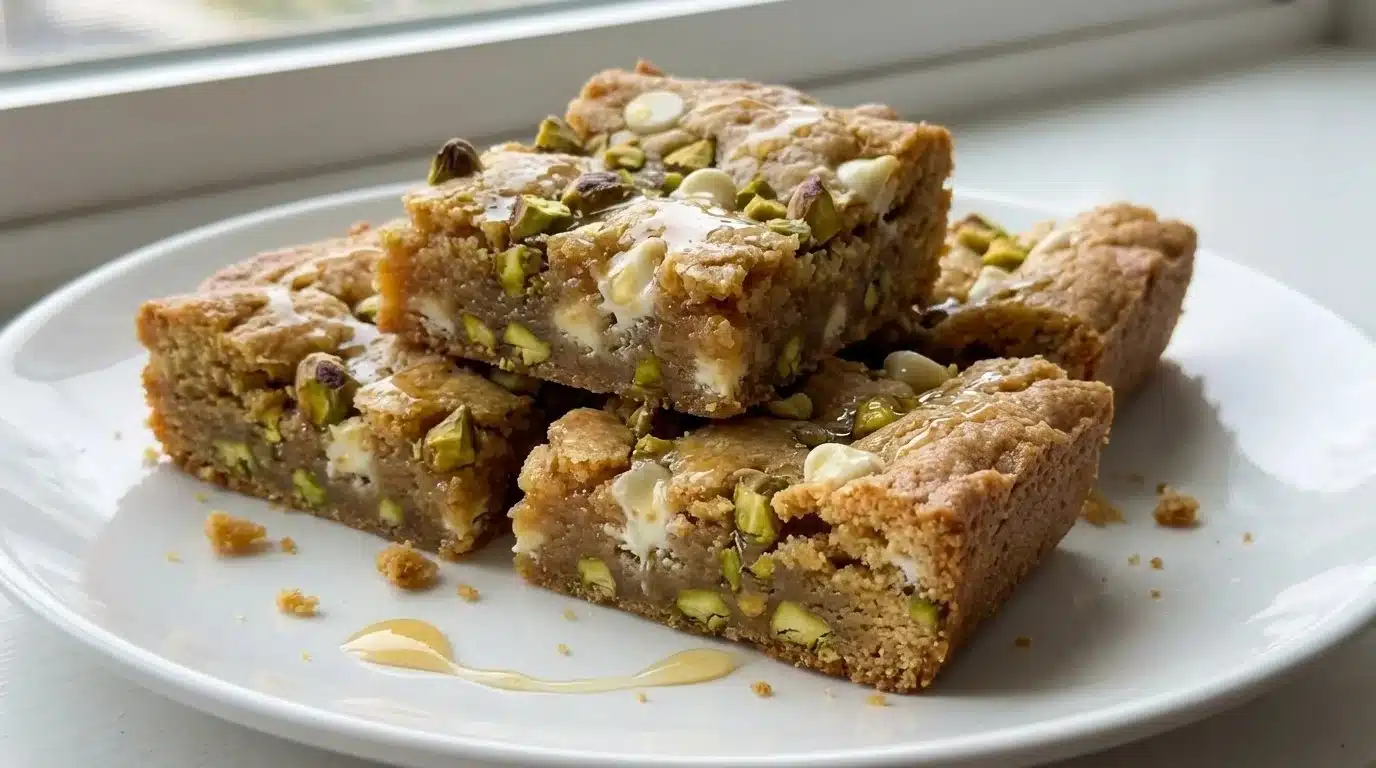 Delicious Brown Butter Honey Pistachio Cookie Bars on a wooden plate
