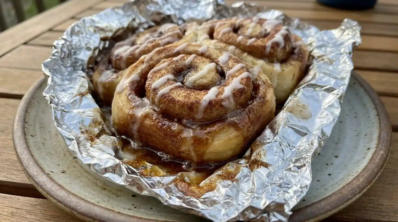 Campfire cinnamon rolls roasting over an open fire