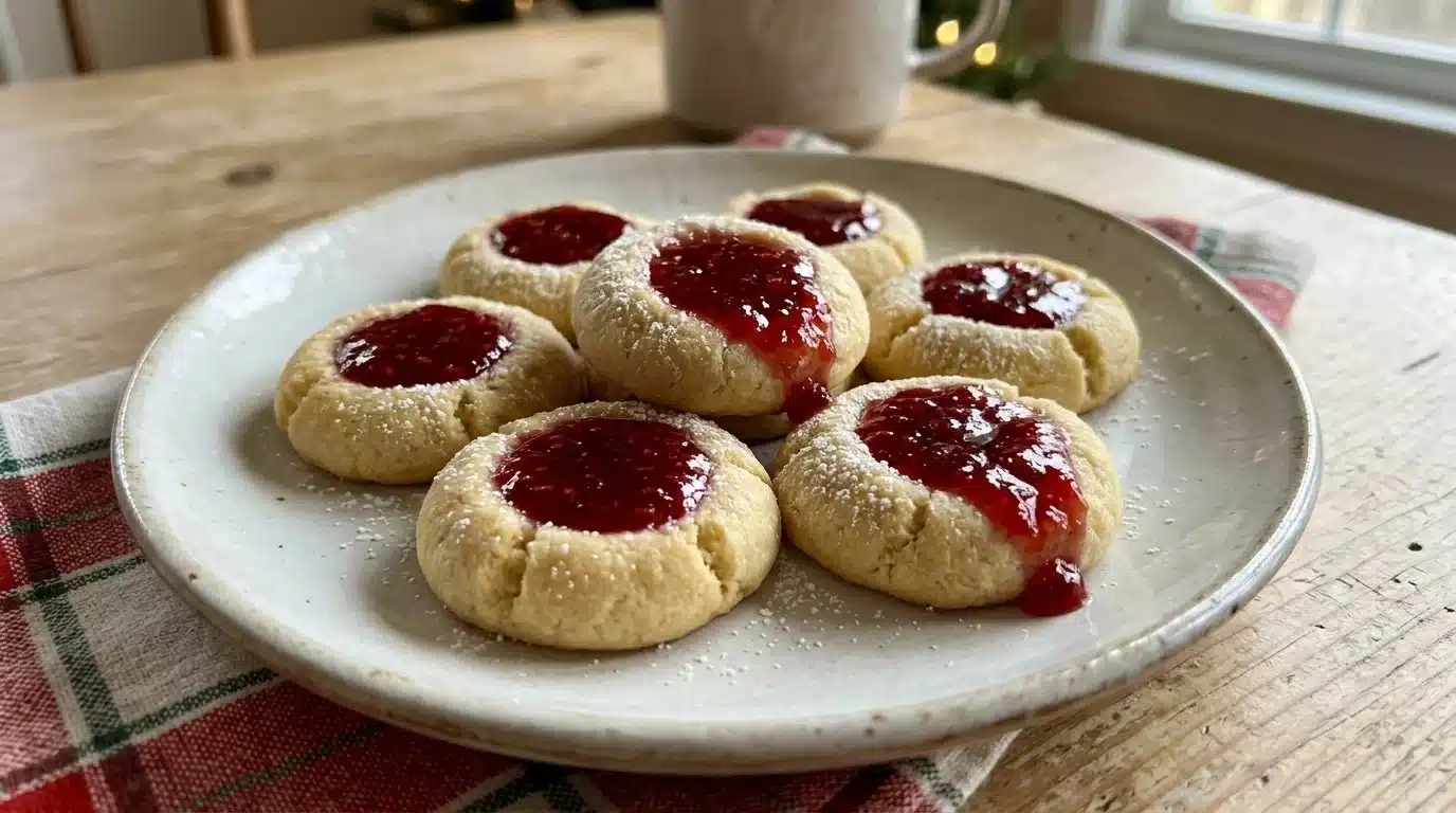 Delicious Christmas thumbprint cookies filled with raspberry jam on a festive plate.