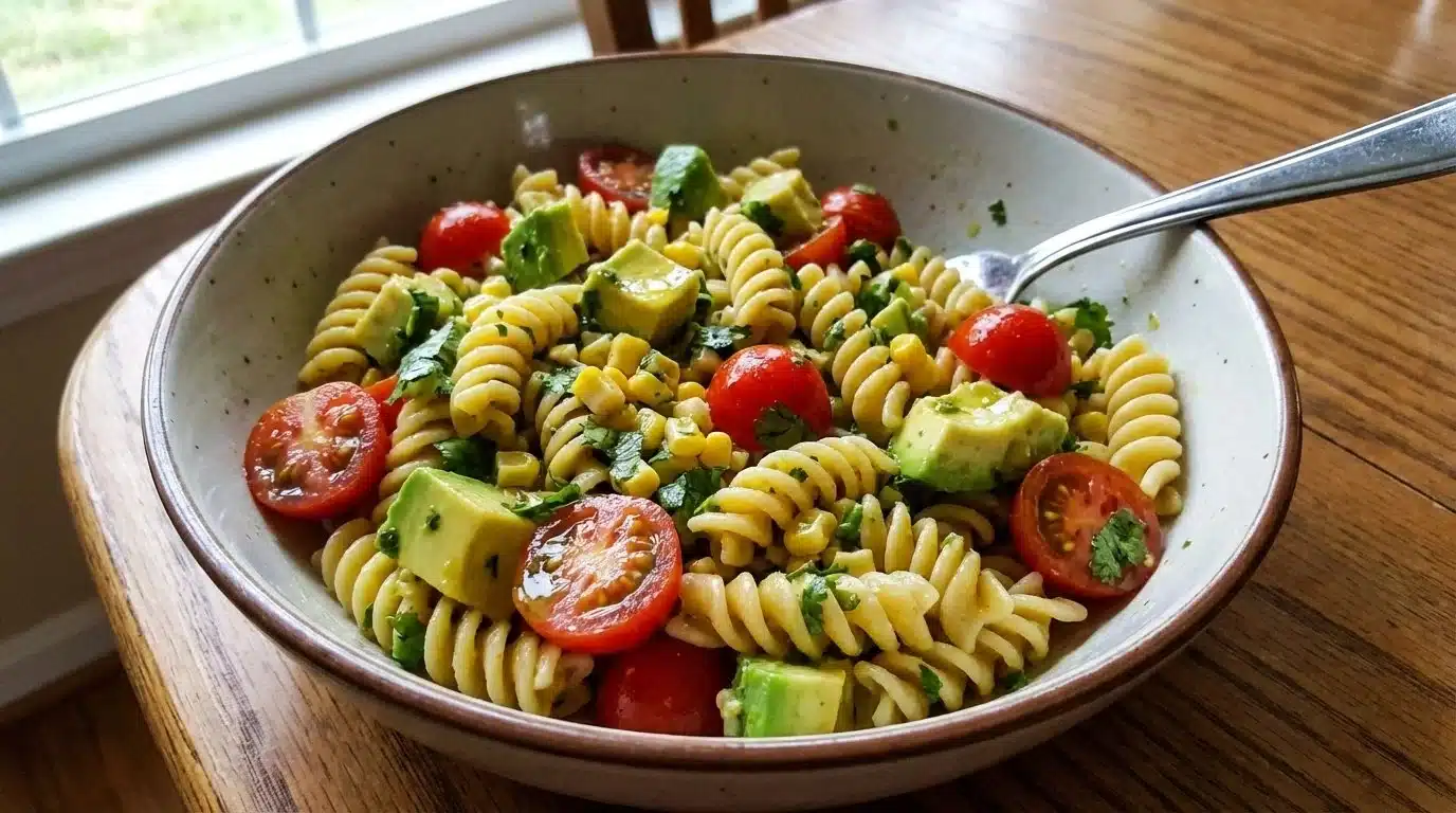 Plate of Cilantro Lime Pasta Salad with fresh herbs and vegetables
