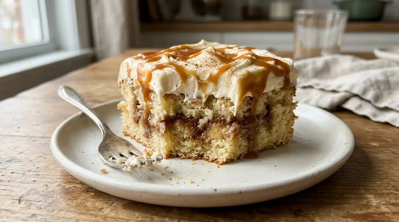 Delicious cinnamon roll poke cake topped with icing and cinnamon swirl.
