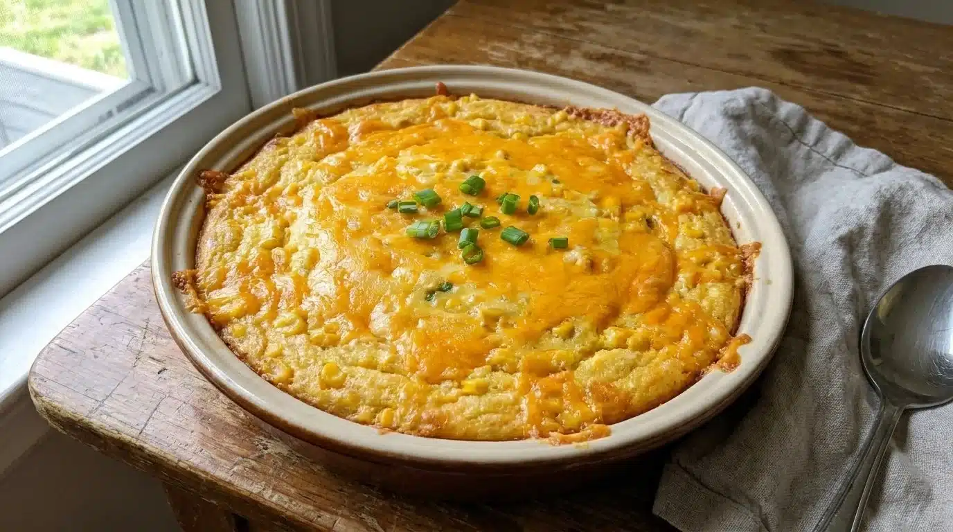 Deliciously baked classic Jiffy corn casserole served in a dish