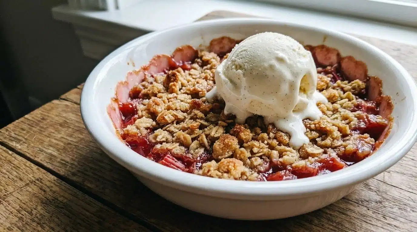 Classic rhubarb crisp made with frozen rhubarb, served in a rustic dish.
