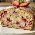 Classic Strawberry Pound Cake decorated with fresh strawberries and whipped cream